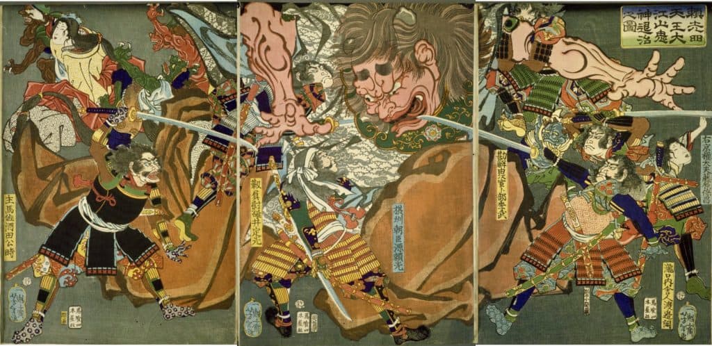 Maidens fleeing, warriors attacking a giant oni.