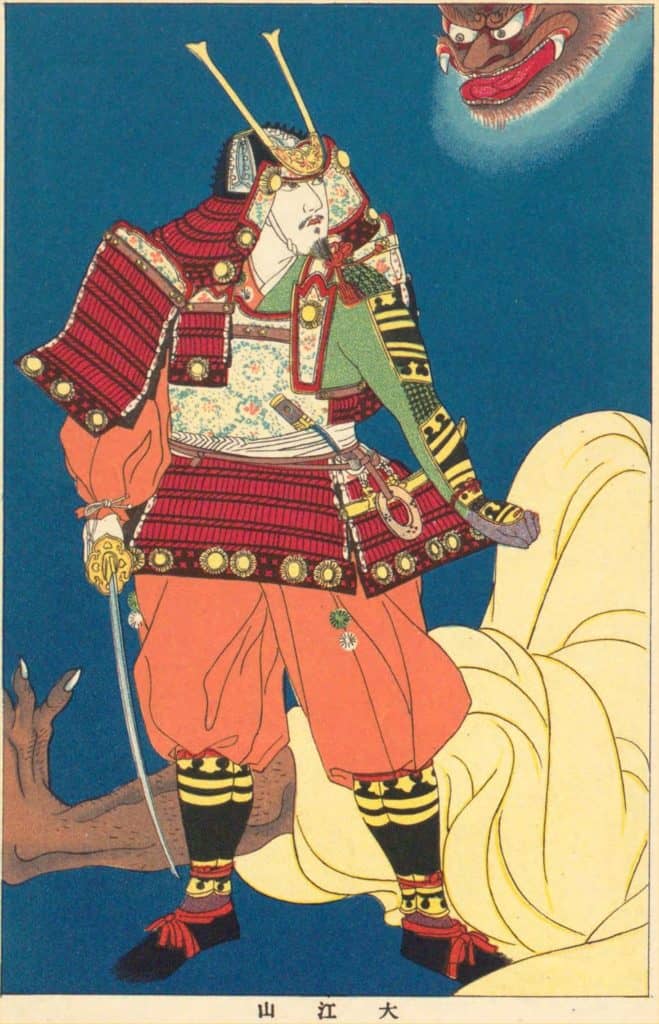 Samurai facing off with the head of Shuten-doji.