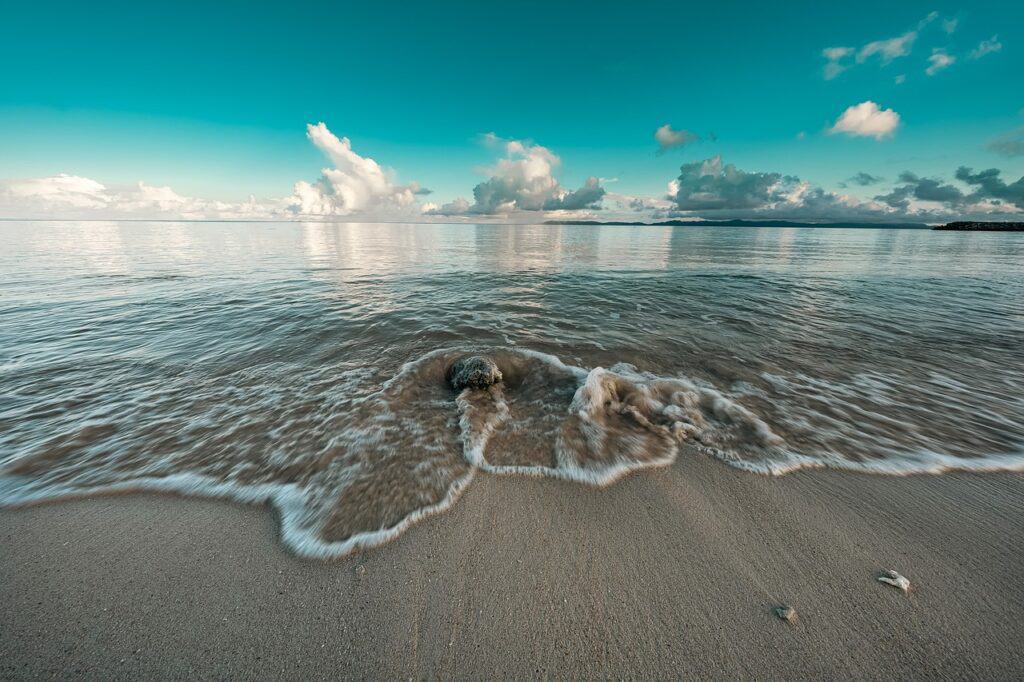 Surf surges up beach.