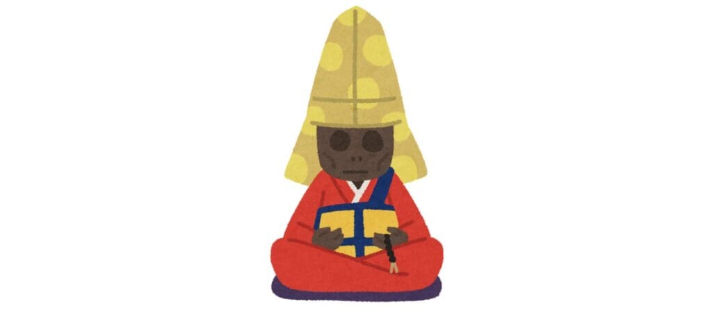 Simple drawing of a sokushinbutsu with a gold cap and red robes.